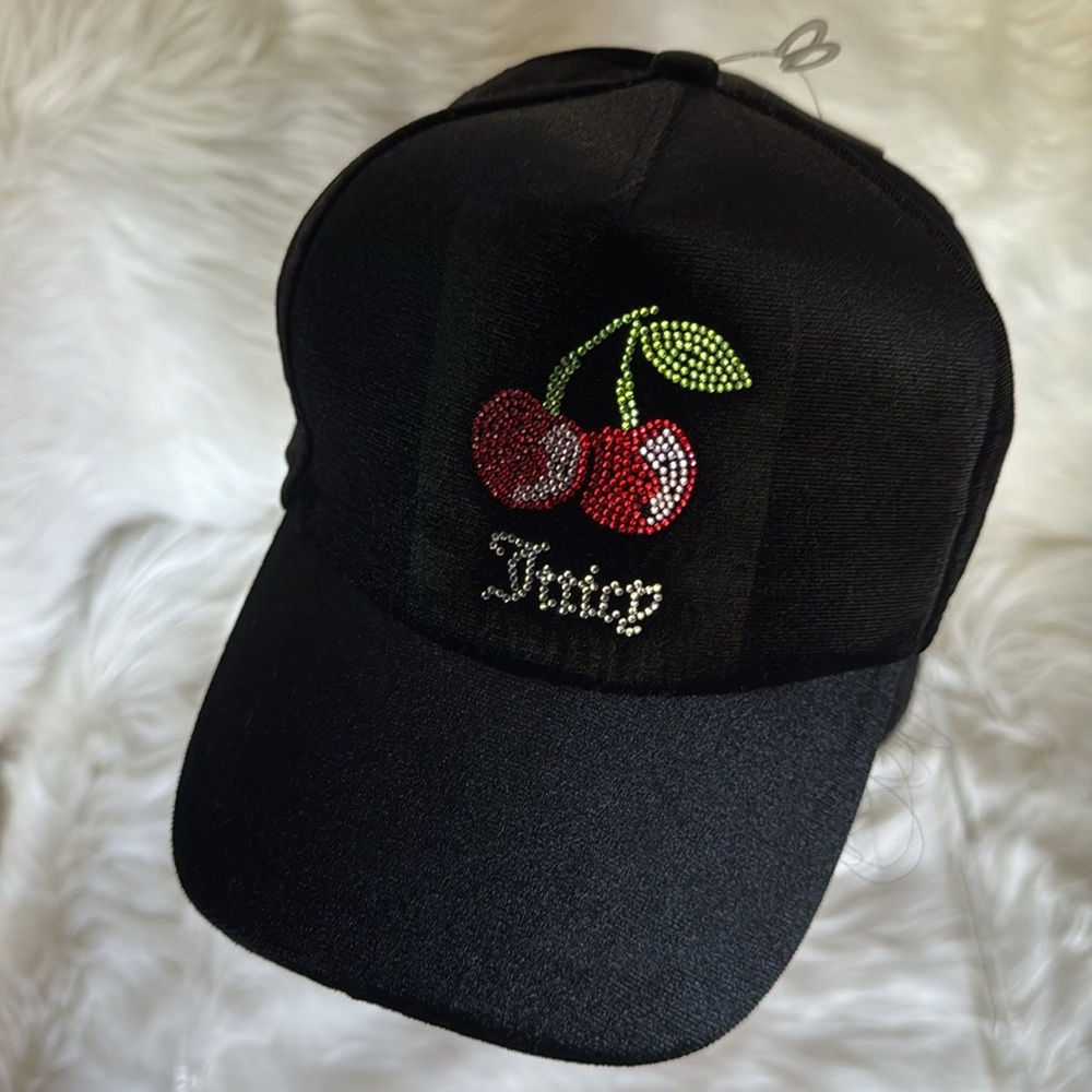 Juicy Couture baseball Cherry Rhinestone & suede Black hat NWT 23”-25”